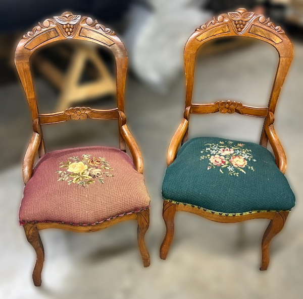 Before: Two hand-carved antique family heirloom chairs with worn hand-stitched seats.