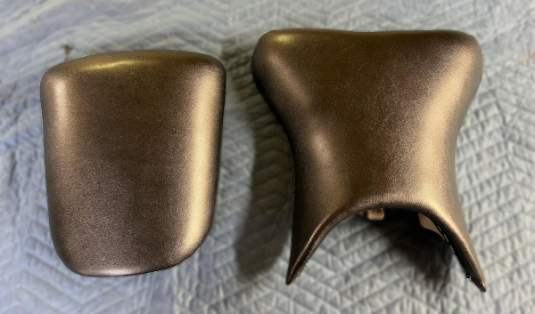 After: A flawless vinyl-recovered seat and back rest from a jetski.  