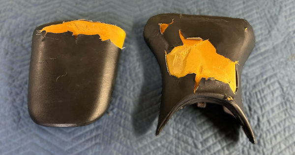 Before: A seat and back rest from a jetski.  It is cracked, and much of the material is missing.